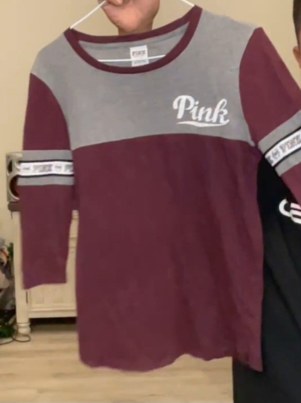 PINK Victoria's Secret Maroon & Gray Colorblock Long Sleeve Tee for Kids